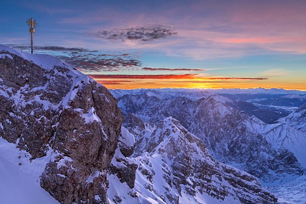 Germany, Bavaria, sunrise on Zugspitze, view on summit and Jubilaeumsgrat