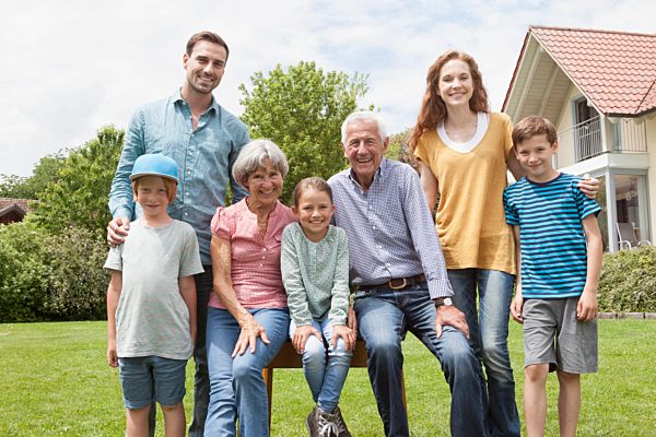 Portrait of happy extended family in garden