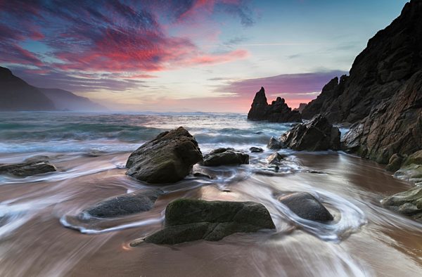 Spain, Galicia, Campelo beach at sunset in Valdovino