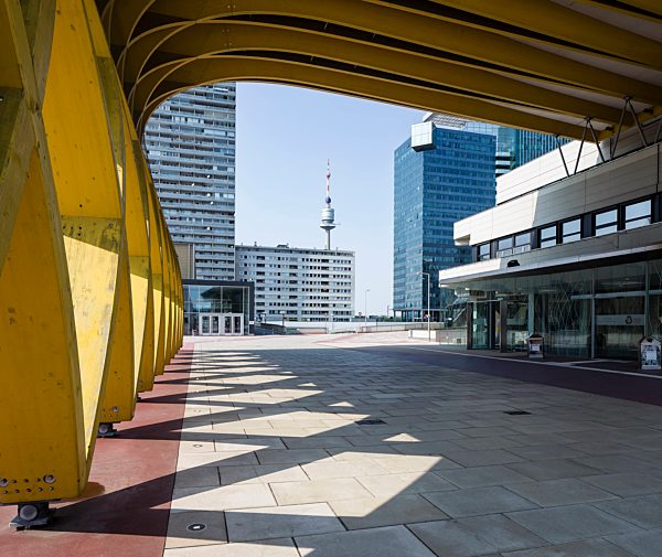 Austria, Vienna, Donau City, Saturn Tower, Austria Center Vienna, Donauturm and Mischek Tower