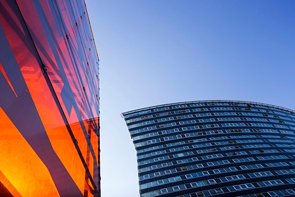 Austria, Vienna, partial view of two modern buildings from below