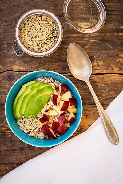 Superfood, avocado apple granola with organic hemp seeds