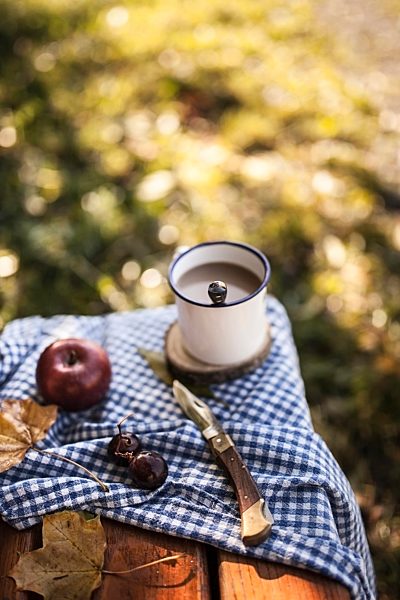 Coffee, apple, grapes and autumn leaves on wooden bench