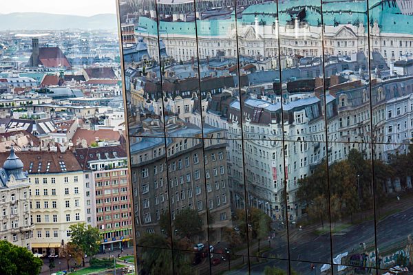 Austria, Vienna, View from Hotel Sofitel Vienna Stephansdom, Reflection in a glass facade