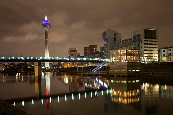 Germany, Duesseldorf, media harbor at night