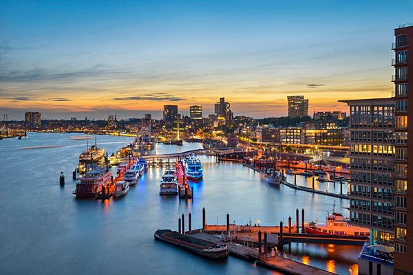 Germany, Hamburg, Niederhafen at sunset seen from Elbe Philharmonic Hall