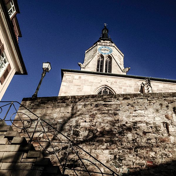 Germany, Baden-Wuerttemberg, Tuebingen, Old Town, bell tower of the church