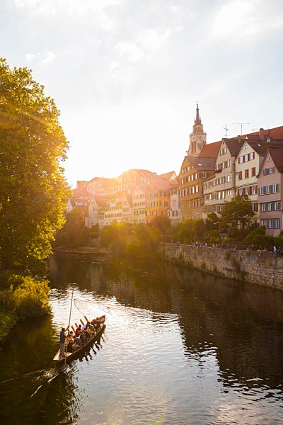 Germany, Tuebingen, view to the city with Neckar River and punt boat in the foreground