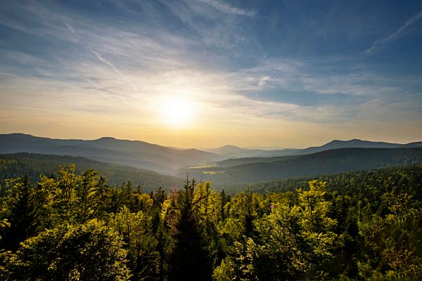 Germany, Lamer Winkel, Lohberg, view from Hindenburgkanzel by sunset