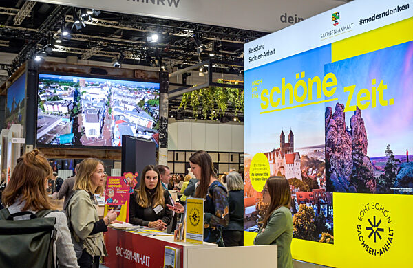 Sachsen-Anhalt, Hallenstand auf der ITB 2026. Deutschland-Halle, Internationale-Tourismus-Börse, Messegelände, Charlottenburg, Berlin, Deutschland