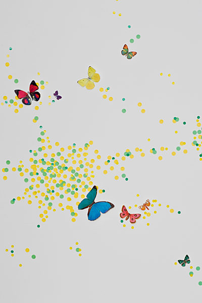 A child's bedroom wall decorated with paint spots and butterflies