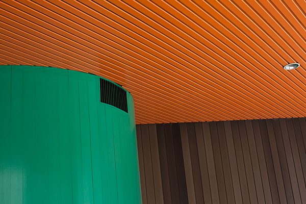 Detail of a colorful wood paneling interior