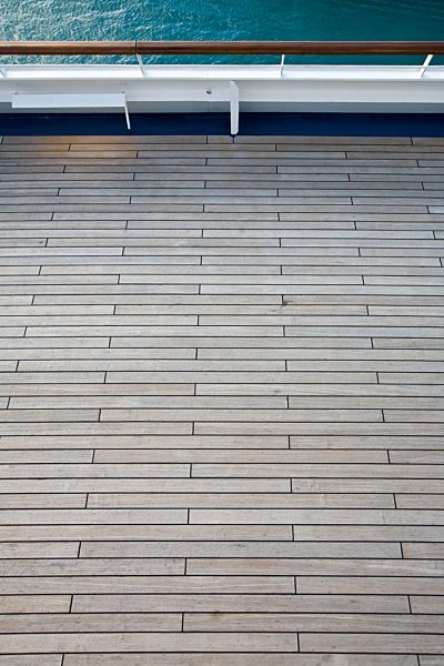 Detail of the wooden deck of a cruise ship