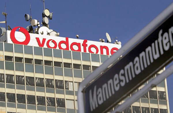 The vodafone logo on the Mannesmann high-rise building