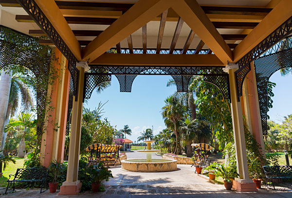 The Tropical Garden View And Fountains Greeting Tourists In The Outdoor Living Veranda Area Of This Caribbean Resort; Varadero, Cuba