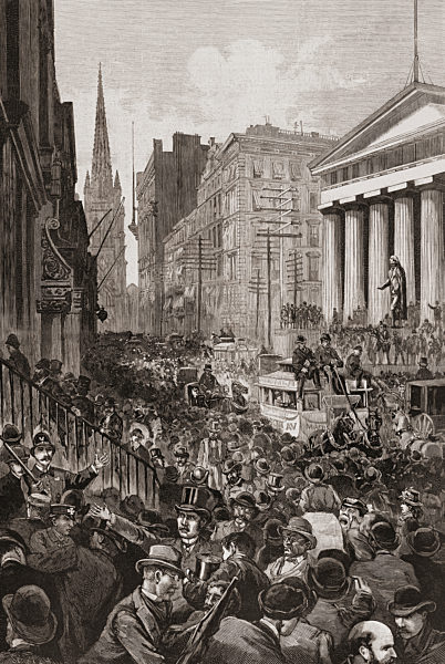Panic On Wall Street, May 14, 1884.  From Harpers Weekly, Edition Of May 24, 1884.  The Panic Was Precipitated By The Failure Of Two Major Companies.  Even Though The New York Clearing House Bailed Out Banks In Danger Of Failing It Is Estimated That Mor