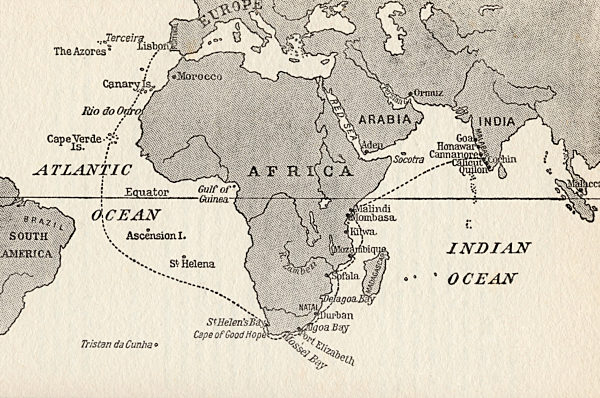 Sketch Map Illustrating Vasco Da Gama's Voyages. The Dotted Line Indicates The First Voyage To India In 1497. From The Great Explorers Columbus And Vasco Da Gama.