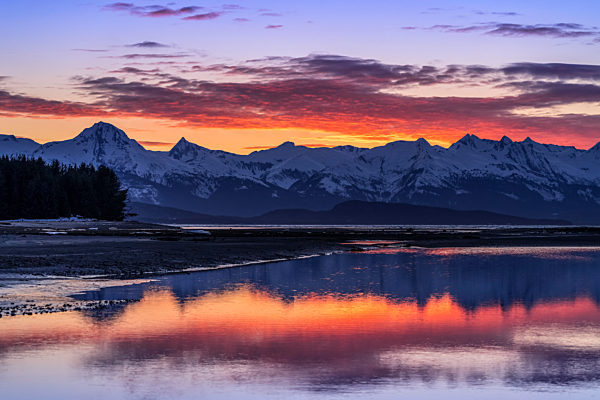 Eagle River, Eagle Beach and Chilkat Mountains at sunset, Eagle Beach State Recreation Area, near Juneau; Alaska, United States of America