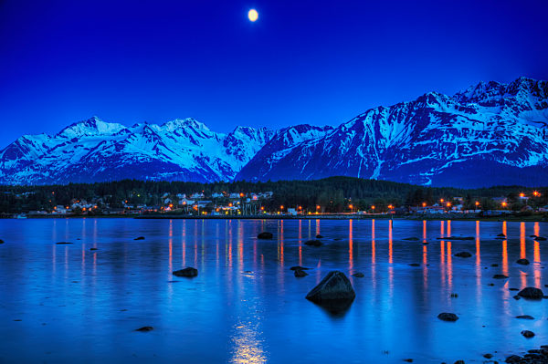 View Of Moonrise Over Haines From Portage Cove, Southeast Alaska, Summer, Hdr Image