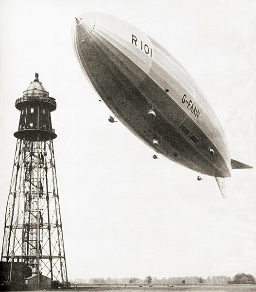 The final flight of the British rigid airship R101 which crashed during bad weather conditions over France in 1930.  48 of the 54 people aboard perished in the accident.  From These Tremendous Years, published 1938.