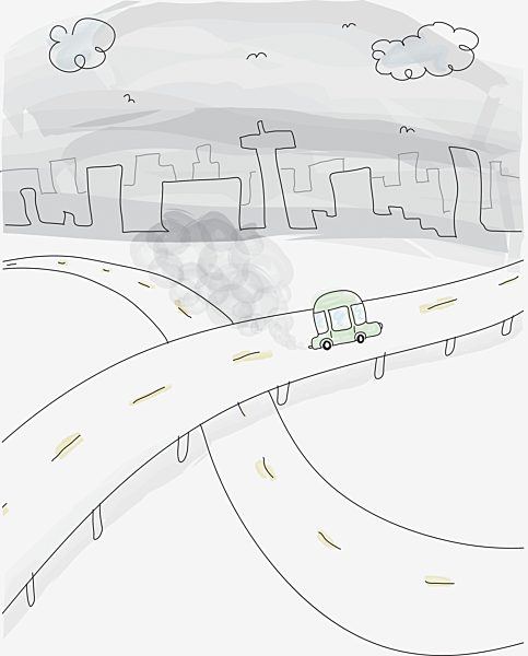 Illustration Of A Car On A Road Driving Through An Urban Area; British Columbia Canada