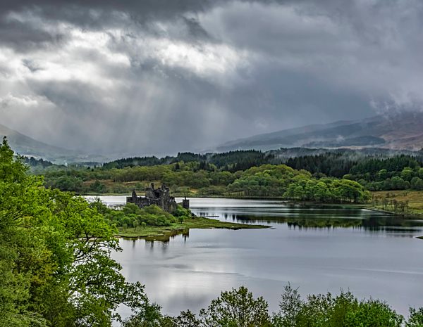 Sunlight On 15th Century Ruined Scottish Castle On The Banks Of Loch Awe; Argyll And Bute, Scotland