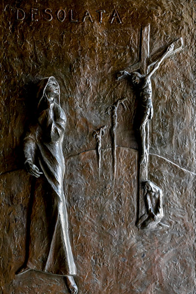 Relief on a door of the Annunciation Roman catholic basilica, Nazareth, Galilee, Israel. Desolata Mary.
