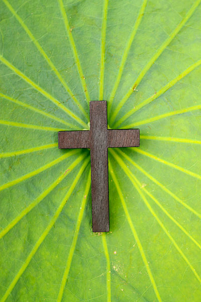 Christian cross a green lotus leave.