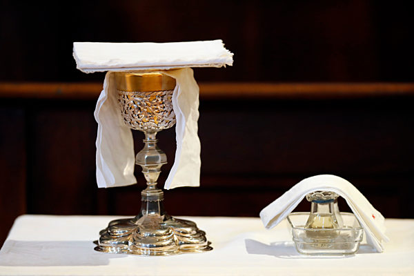 Catholic church. Eucharistic table. Chalice. Sallanches. France.
