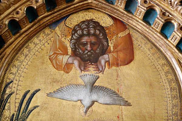 Gallerie dell'Accademia. Polyptych of the Annunciation (Lion Polyptych) by Lorenzo Veneziano. Wood panel.  1357. God and Holy Spirit. Detail.
