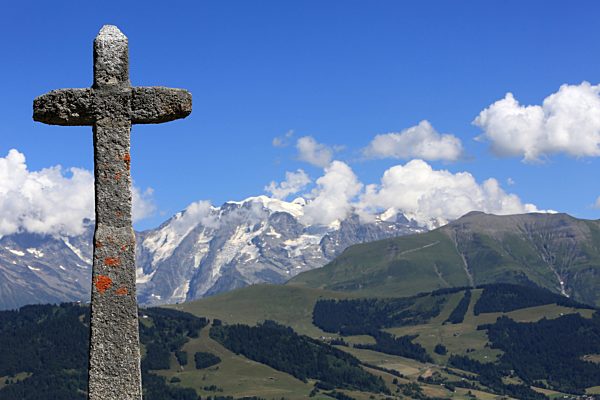 Stone cross on the Jaillet facing Mont Blanc.