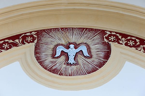 Restoration of Saint Gervais baroque church.  Holy spirit. Paint renovation.  France.