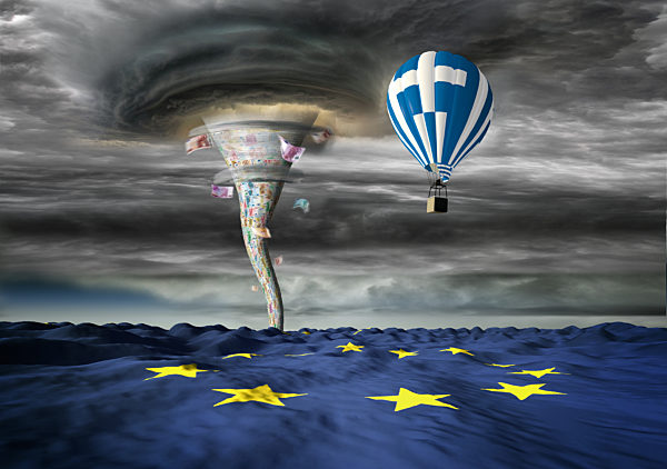 ein Ballon mit der Flagge Griechenlands gerät in den Sog eines Sturms aus Geld
