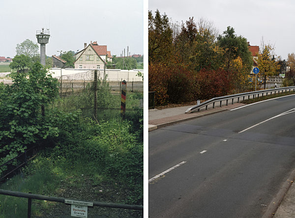 Die Bildkombo aus zwei Fotos zeigt die Sperranlagen der innerdeutschen...