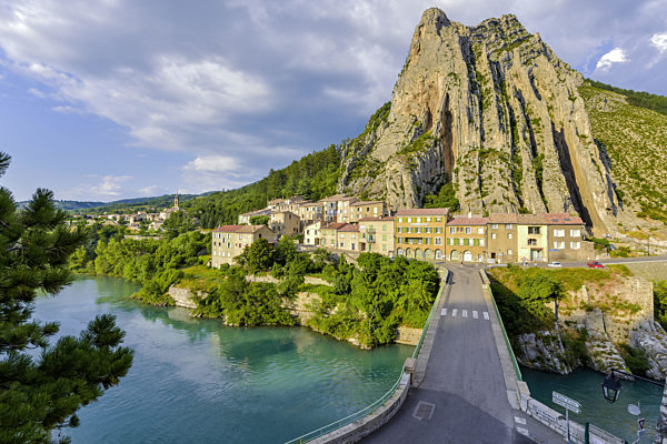 Sisteron and its rock, Provence, France, riverside of Durance with houses