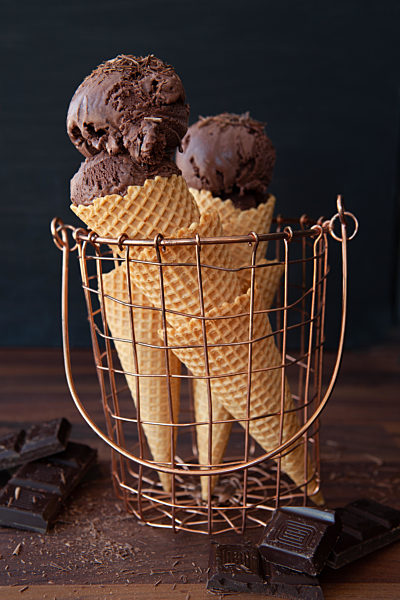 WaffeltÃ_ten in Drahtkorb mit dunkler Schokoladen Eiscreme