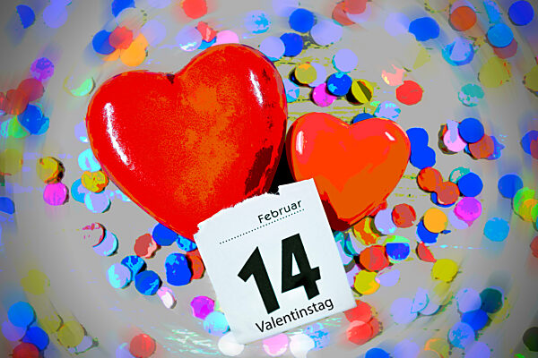 Two Hearts With Confetti And A Calendar Page From February 14, Symbol Photo Valentine's Day