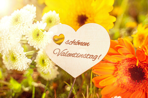 13 February 2023: Heart Made Of Wood Between Flowers With Inscription: Beautiful Valentine's Day PHOTOMONTAGE