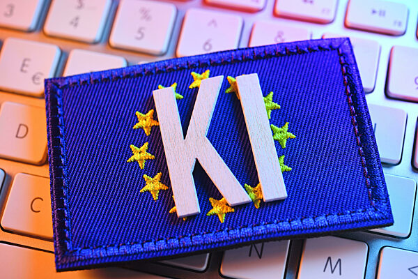 EU Flag On A Computer Keyboard Labelled AI, Symbol Photo AI Regulation, AI Act