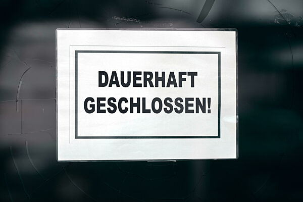 March 29, 2024: Permanently Closed! Sign On A Broken Shop Window. PHOTOMONTAGE