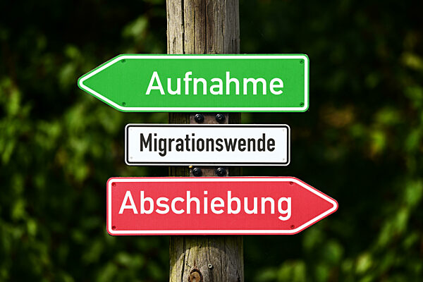Signs With The Inscription Migrationswende, Aufnahme Und Abschiebung, Photomontage
