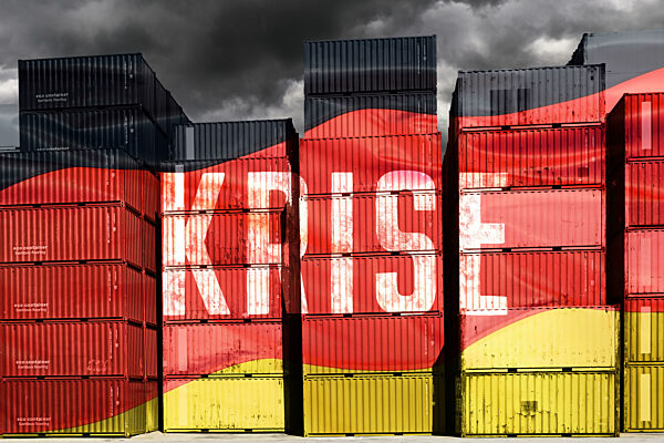 Stacked Containers In German National Colors With Inscription Crisis, Symbolic Photo Economic Crisis, Photomontage