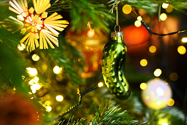 Weihnachtsgurke hängt an einem Weihnachtsbaum