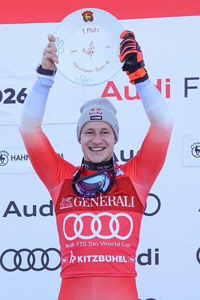 Kitzbühel, Austria, 23.Jan.26 - Alpine Skiing - FIS World Cup, Hahnenkamm Race, Super-G, Men. The Image Shows ODERMATT Marco (SUI, Stoeckli) First Place With Trophy.