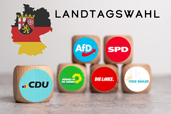 Fotomontage, Symbolbild zur Landtagswahl 2026 in Rheinland-Pfalz. Im Vordergrund steht die CDU Christlich Demokratische Union Deutschlands, dahinter weitere Parteien wie AfD Alternative für Deutschland, SPD Sozialdemokratische Partei Deutschla