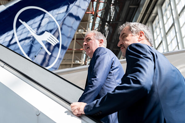 100-year Anniversary Of The Lufthansa Group At München Airport. Carsten Spohr (Lufthansa, Executive Board, Chairman Of The Executive Board) And Dr. Markus Söder (Minister-President Of Bayern, CSU) Walk Up The Jet Bridge To An Aircraft Of The Type AIRBUS