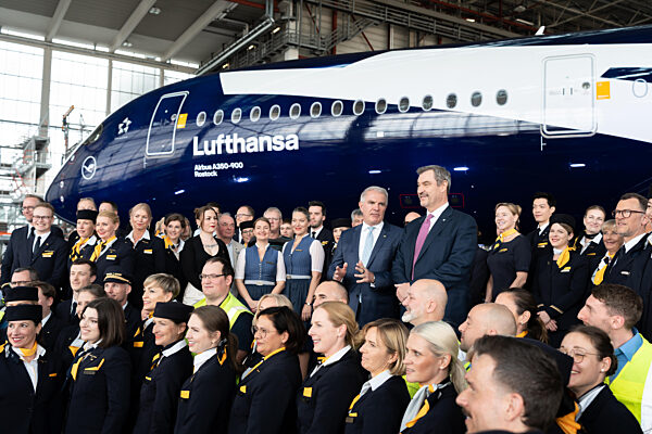 100th Anniversary Of The Lufthansa Group At Flughafen München. Carsten Spohr (Lufthansa, Executive Board, CEO) And Dr. Markus Söder (Minister-President Bayern, CSU) Pose In Front Of A Special Edition AIRBUS A350-900 Aircraft Together With Numerous Pilots