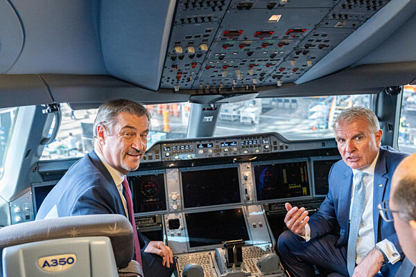 100-year Anniversary Of The Lufthansa Group At München Airport. Dr. Markus Söder (Minister-President Bayern, CSU) And Carsten Spohr (Lufthansa, Executive Board, Chairman Of The Executive Board) Are Sitting In The Cockpit In The Pilot's Seat In An Aircraf