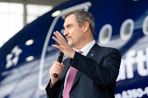 100-year Anniversary Of The Lufthansa Group At Flughafen München. Speech By Dr. Markus Söder (Minister-President Of Bayern, CSU) In Front Of An Aircraft Of The Type AIRBUS A350-900