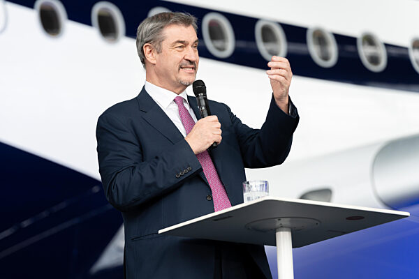 100th Anniversary Of The Lufthansa Group At Flughafen München. Speech By Dr. Markus Söder (Minister-President Of Bayern, CSU) In Front Of An Aircraft Of The Type AIRBUS A350-900